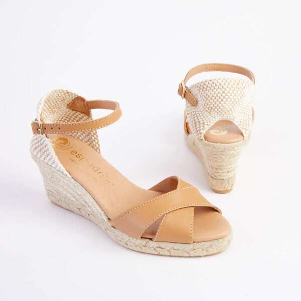 Camel Leather Cross Over Open Toe Espadrilles Mid Wedge 4