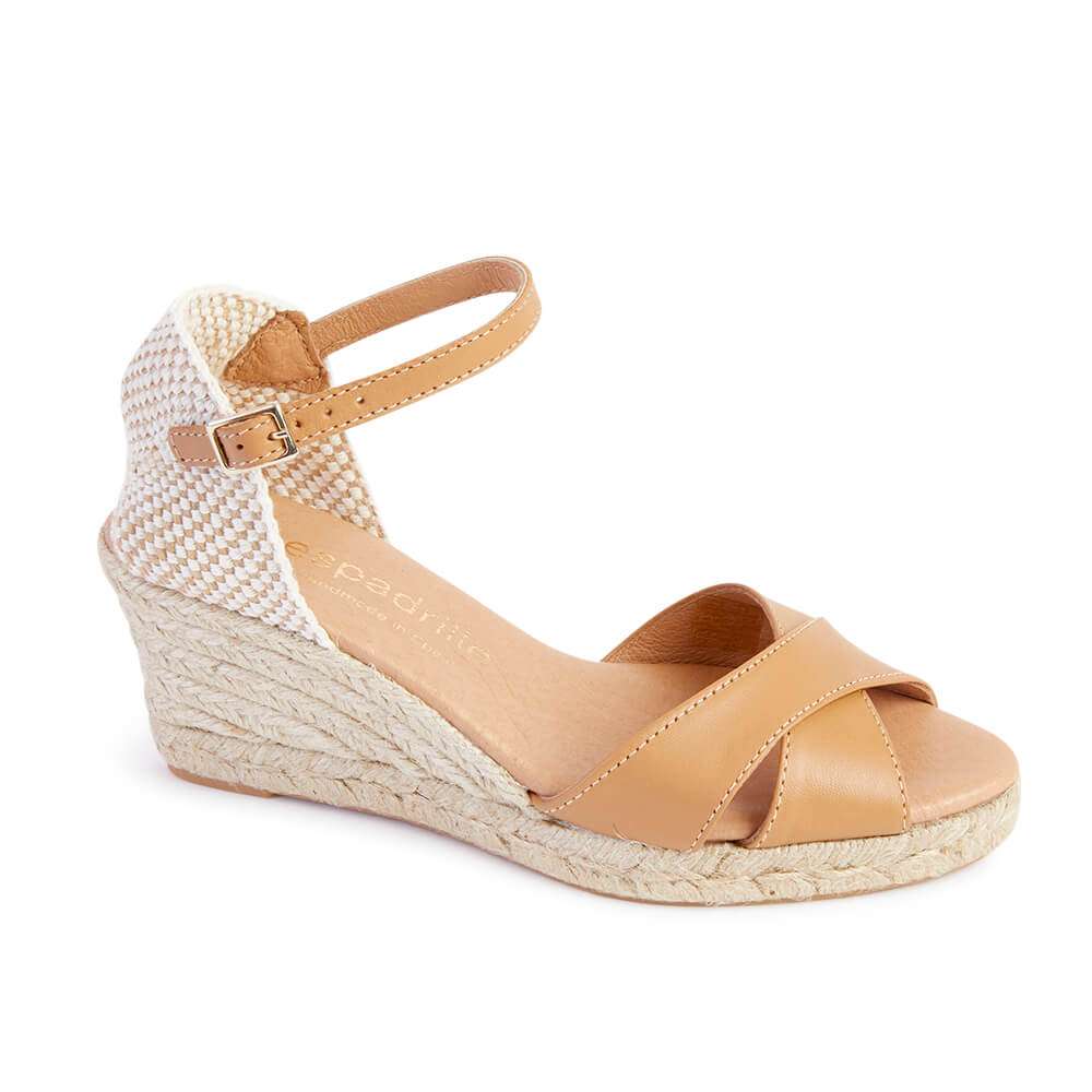 Camel Leather Cross Over Open Toe Espadrilles Mid Wedge