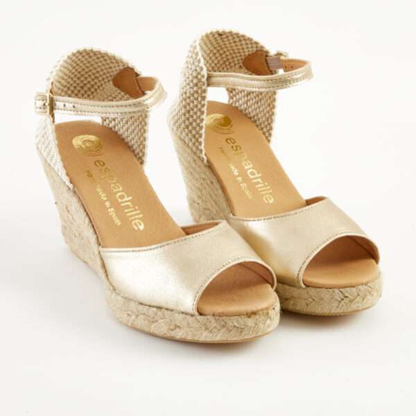 Gold Leather Open Toe Wedge Espadrille High Wedge espadrille.co .uk 2
