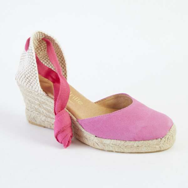 Pink Suede Lace Up Espadrilles Mid Wedge espadrille.co .uk